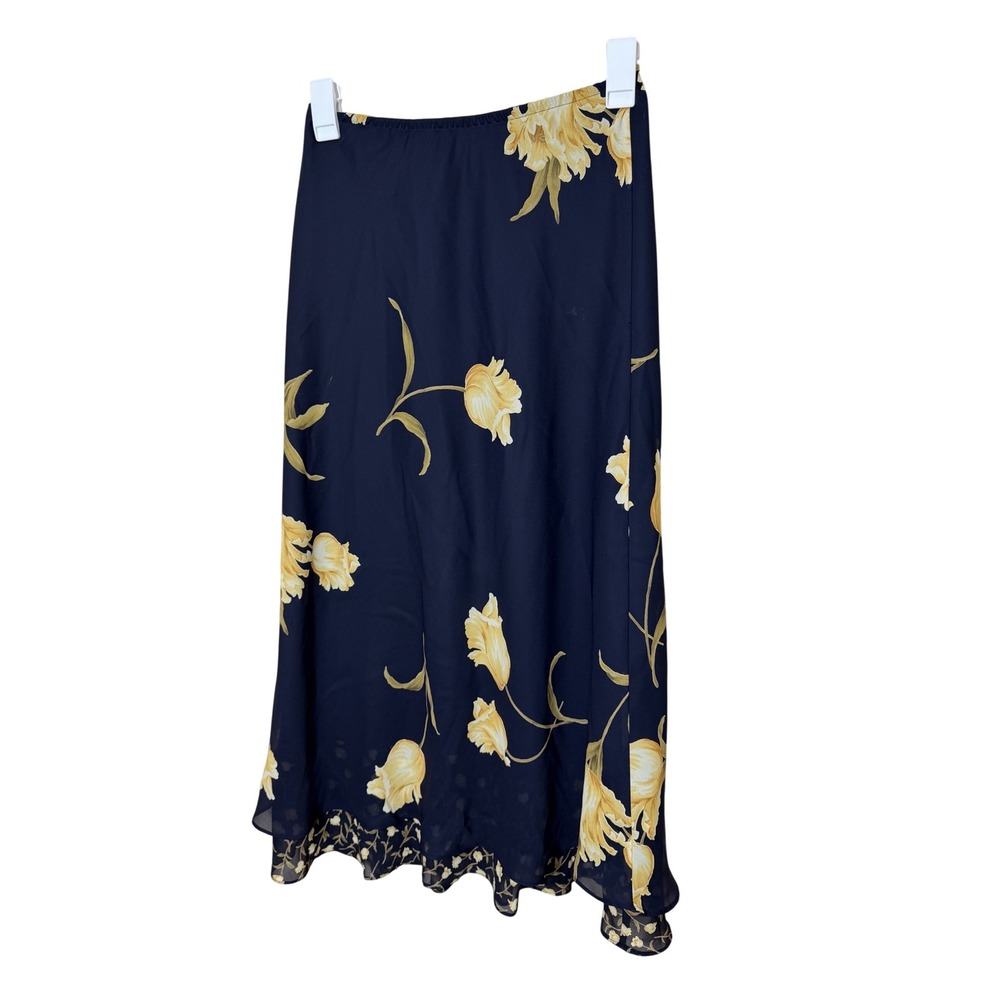 Vintage Navy Blue Yellow Floral Tulip Print Maxi Skirt‎ Elastic Waist 6
